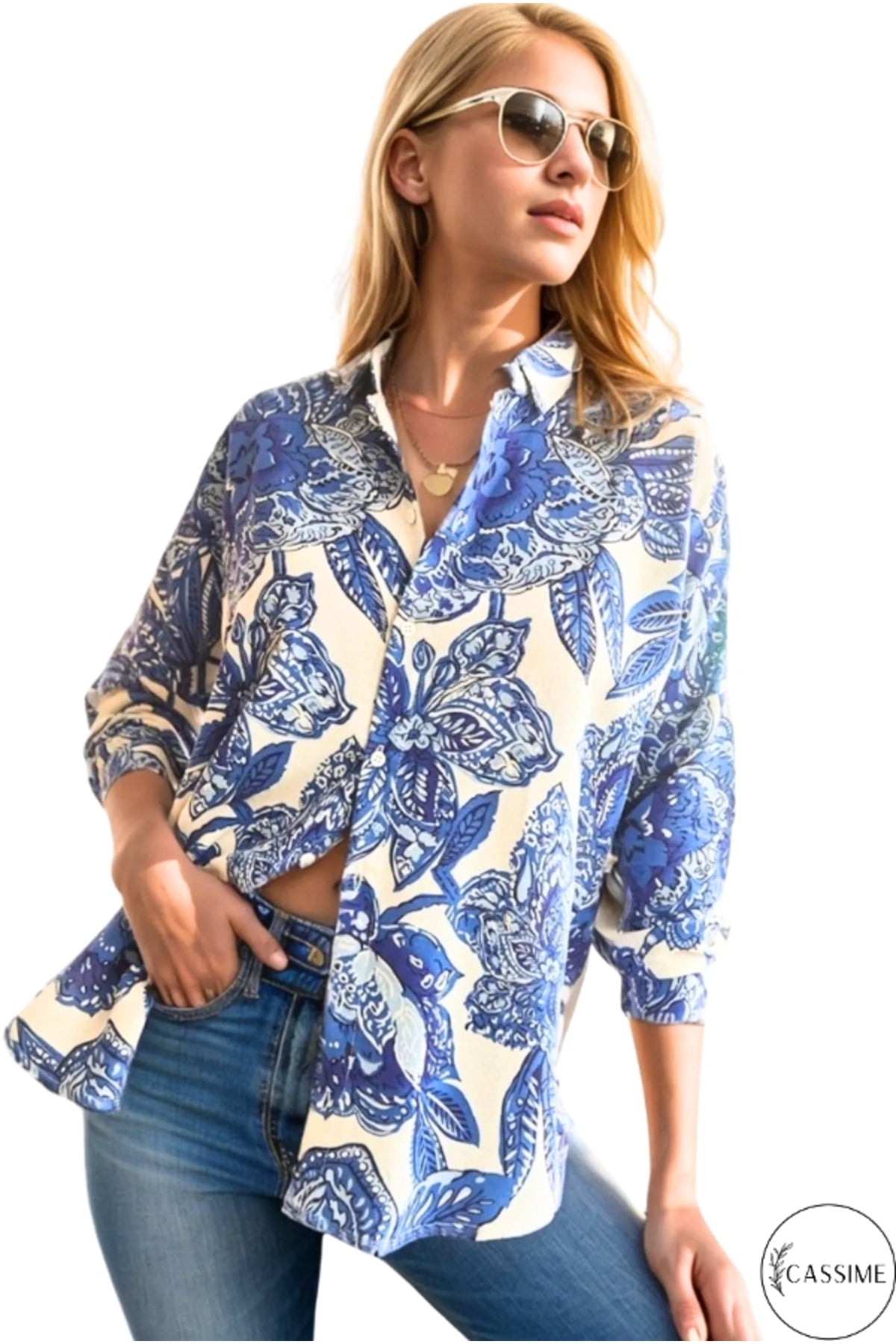 Emilia Women's Linen-Viscose Blend Oversized Printed Shirt - Blue Large Floral