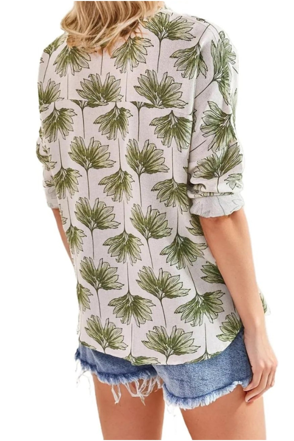 Emilia Women's Linen-Viscose Blend Oversized Printed Shirt - Green Ginkgo
