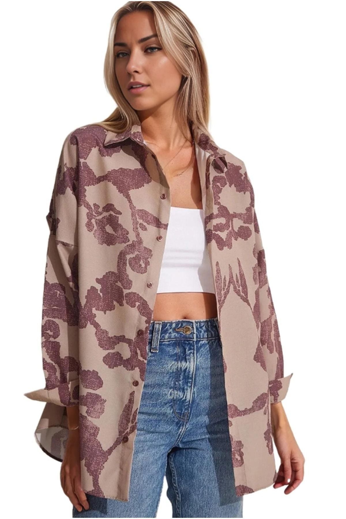 Melissa Women's Oversized Longline Shirt - Beige and Dusty Rose Print