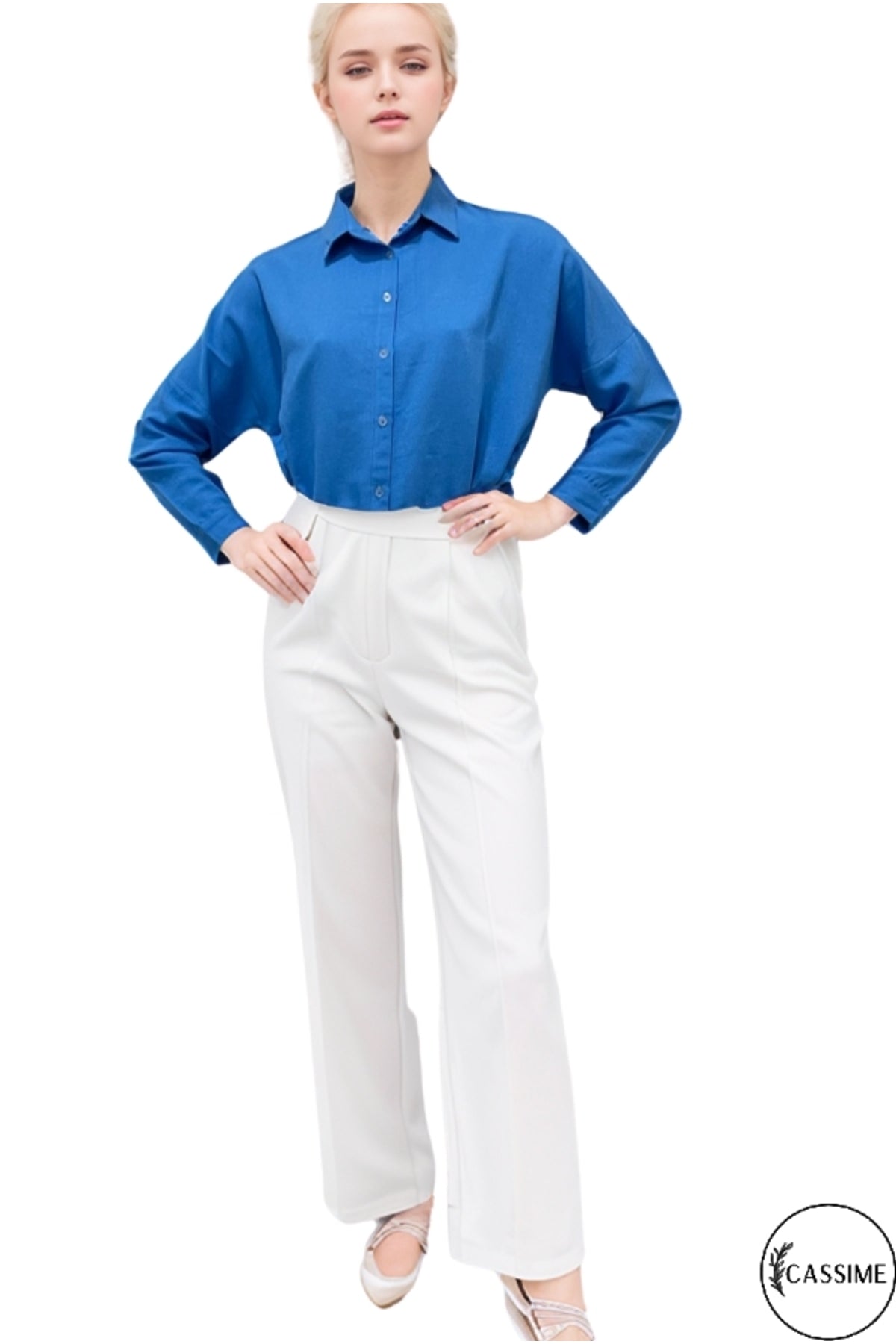 Harriet Women's Linen-Viscose Blend Oversized Long Sleeve Shirt - Blue