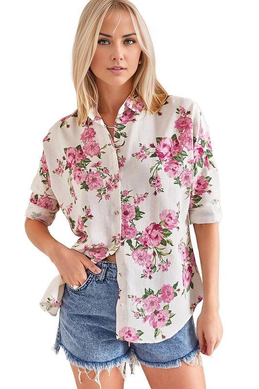 Emilia Women's Linen Blend Oversized Printed Shirt - Candy Pink Floral