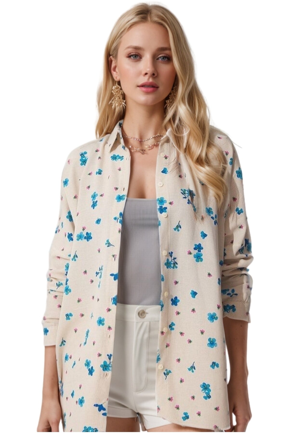Emilia Women's Linen-Viscose Blend Oversized Printed Shirt - Beige and Blue Floral