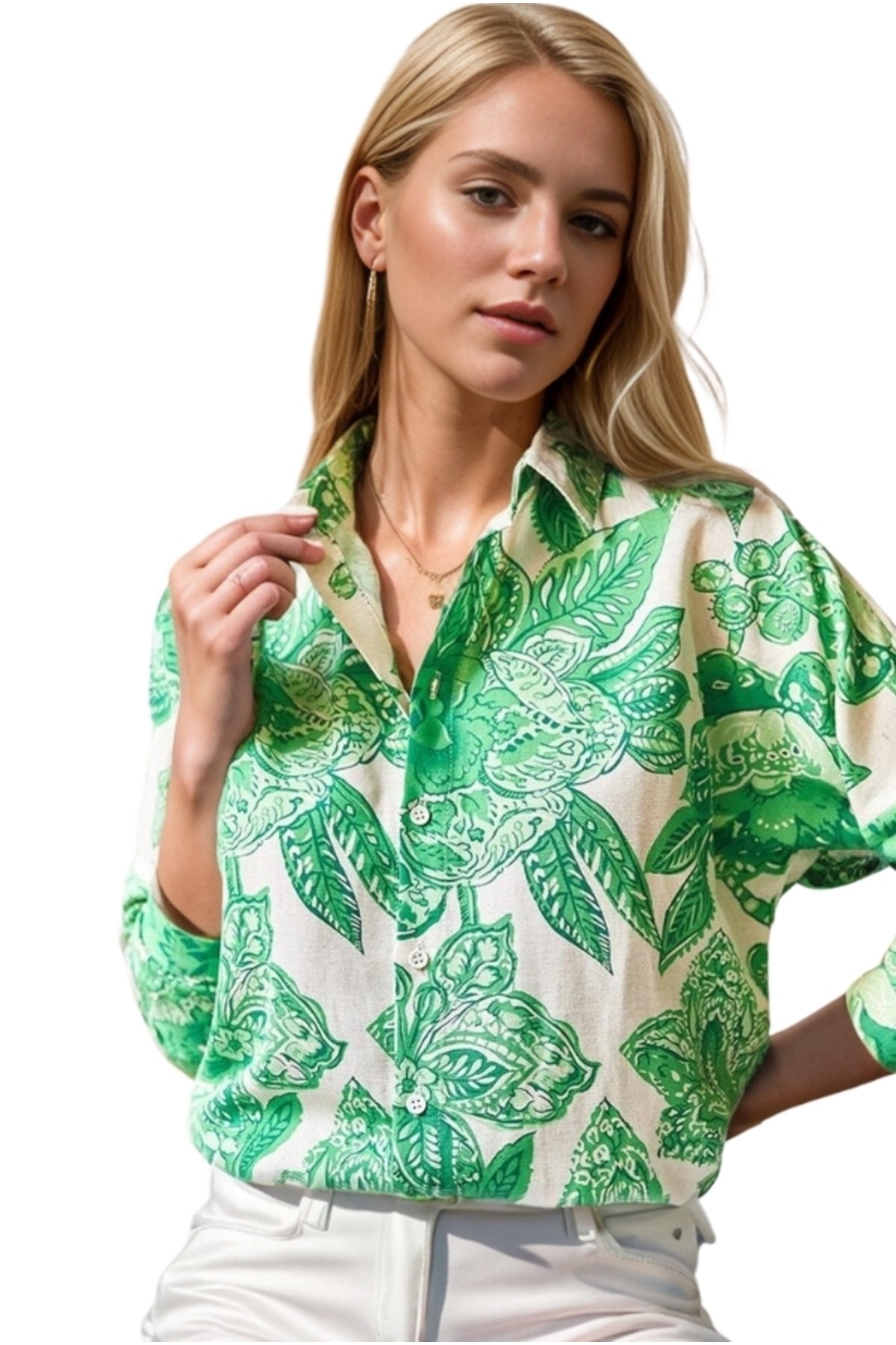 Emilia Women's Linen-Viscose Blend Oversized Printed Shirt - Green Large Floral