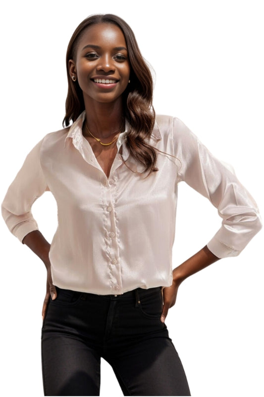 Rebecca Women's Classic Satin Button-Up Shirt - Cream