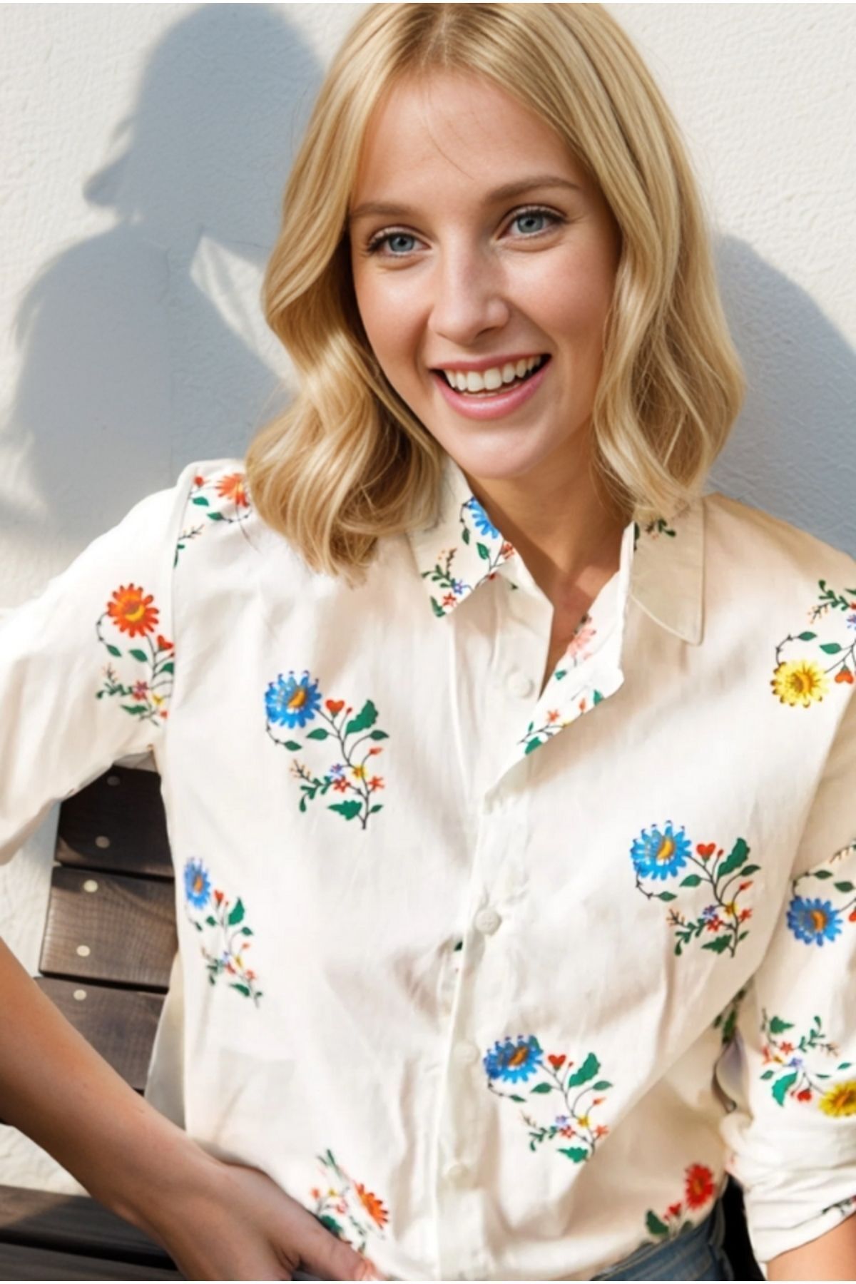 Amelia Women's Viscose Long Sleeve Button-Up Shirt - White with Bright Multicolor Flowers