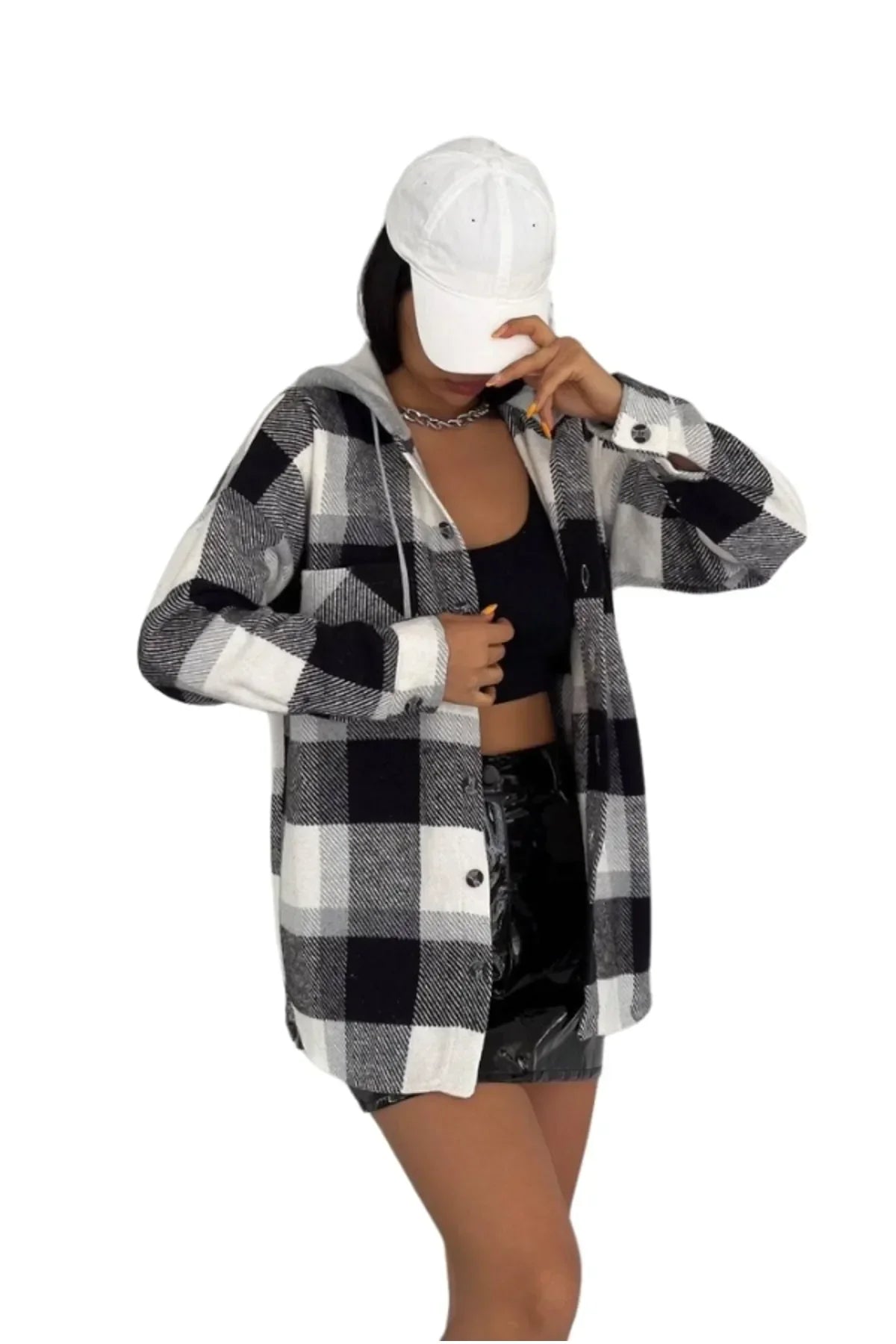 Harper Black White Cotton Plaid Shacket with Hoodie