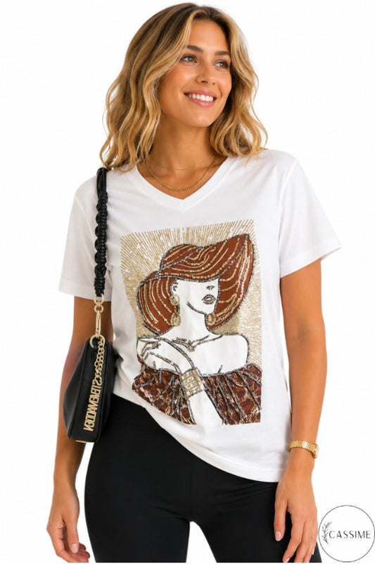Olivia Women's Cotton Plus Size Embellished V-Neck T-Shirt - White with Woman in Hat Sequins