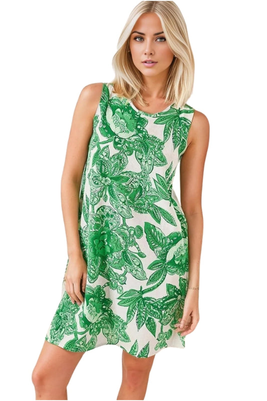 Charlene Women's Linen Blend Floral Sleeveless Summer Dress - Large Green Floral