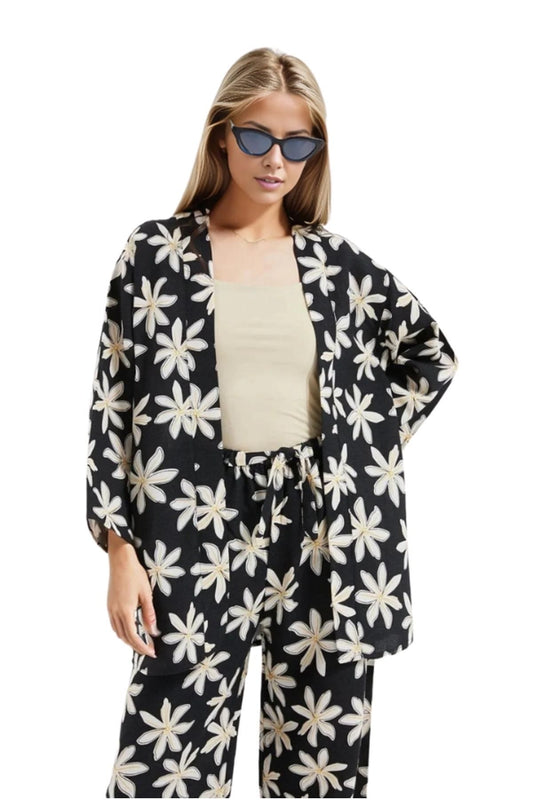 Catherine Women's Linen-Viscose Blend Relaxed Fit Kimono - Black Floral