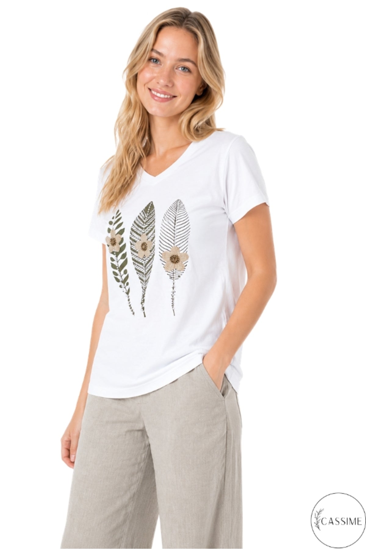 Emma Women's Cotton Embellished T-Shirt - White Feather and Floral Print