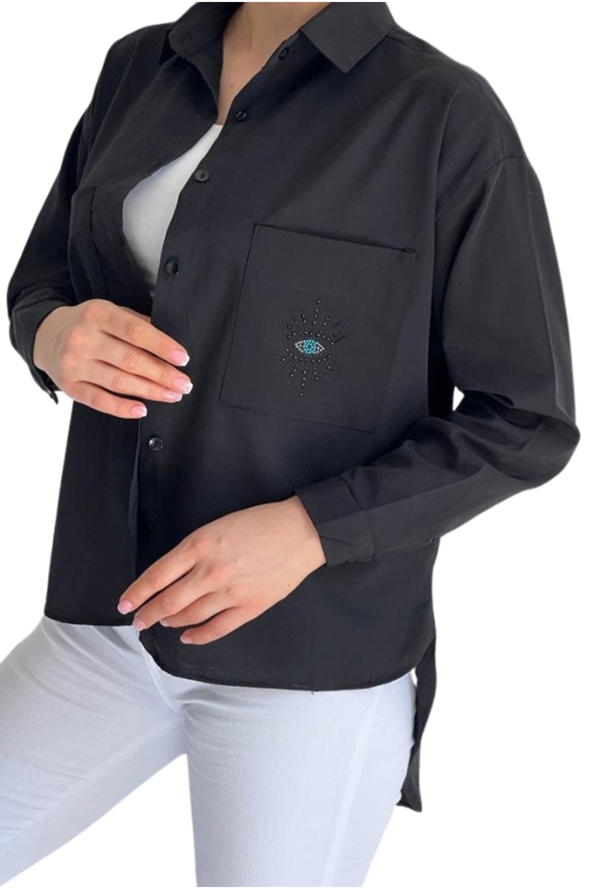 Josephine Women's Cotton Embellished Evil Eye Pocket Shirt - Black