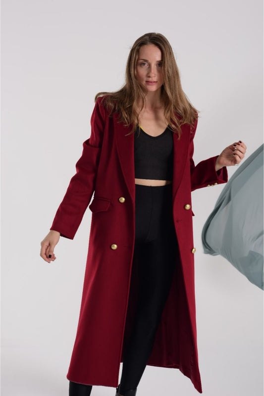 Ariadne Women's Long Button Front Coat - Burgundy - product image 1