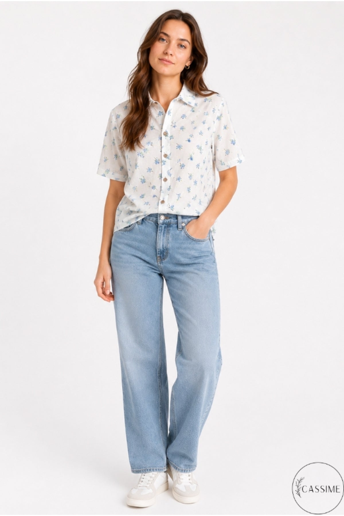 Women's blue mini floral cotton shirt - view 8