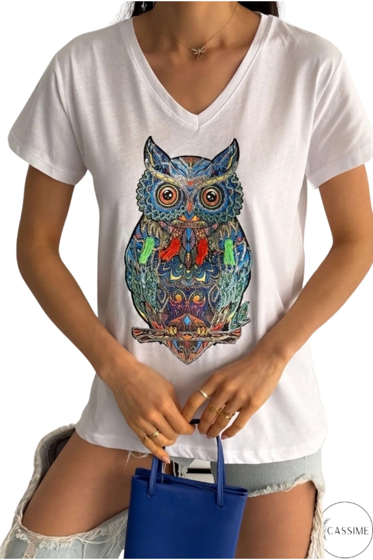 Olivia Women's Cotton Plus Size Embellished V-Neck T-Shirt - White Owl Print