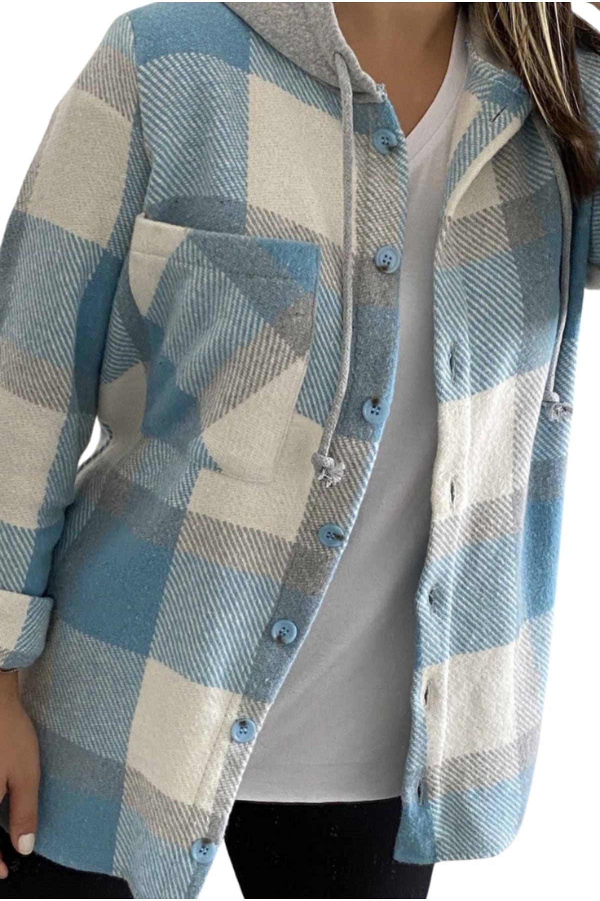 Madeline Women's Hooded Plaid Shacket - Blue