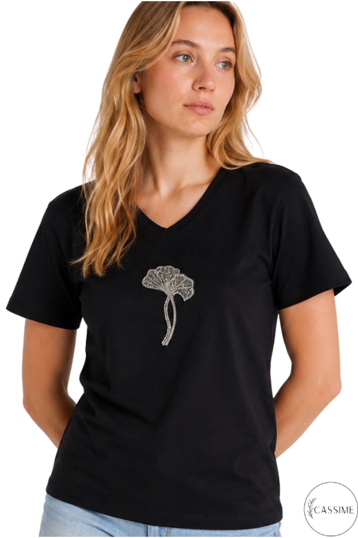Emma Women's Embellished T-Shirt - Black with Floral Rhinestones