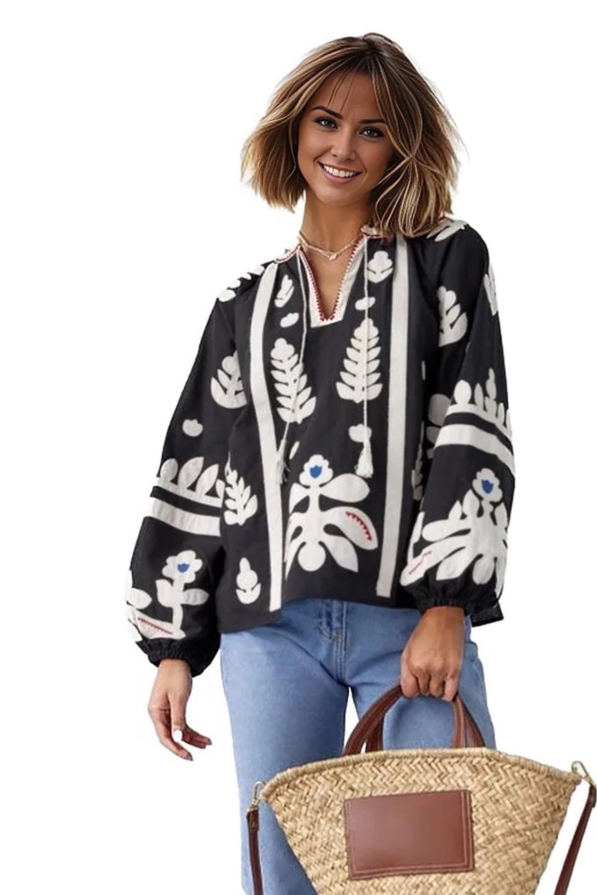 Paige Women's Cotton Embroidered Long Sleeve Woven Blouse - White with Black Embroidery