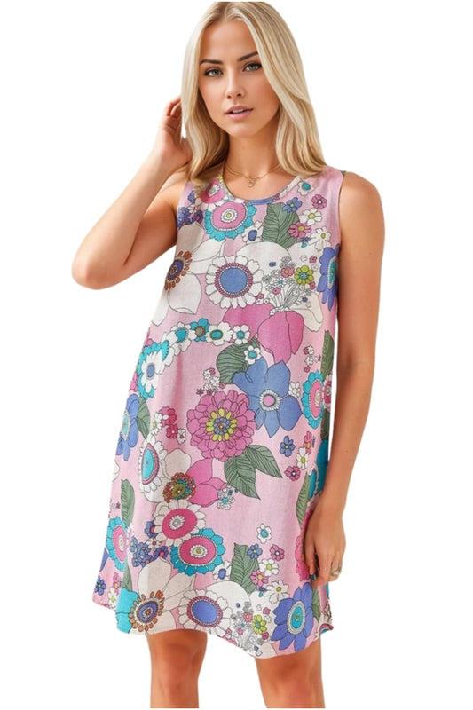 Charlene Women's Linen Floral Sleeveless Summer Dress - Pink and Green Floral