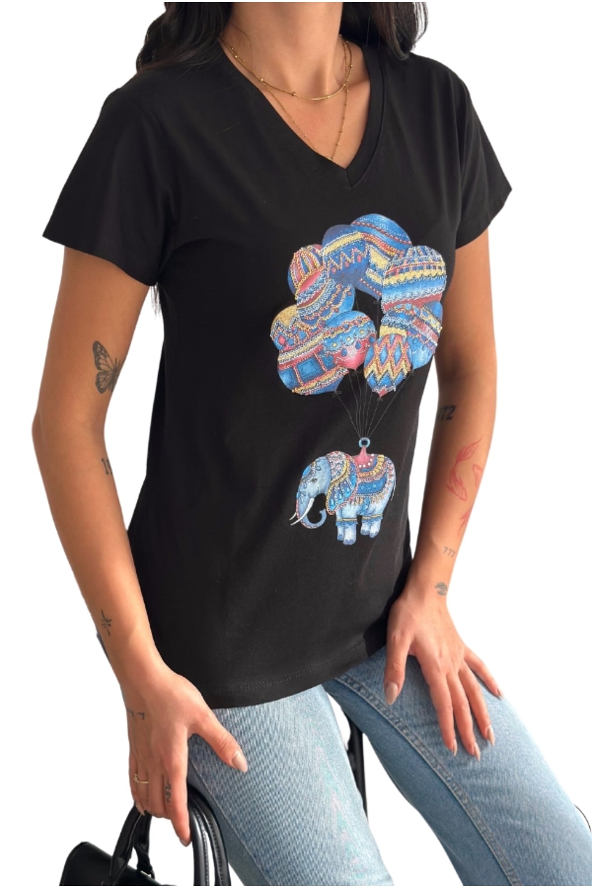 Olivia Women's Cotton Plus Size Embellished V-Neck T-Shirt - Black with Balloon Elephant Sequins