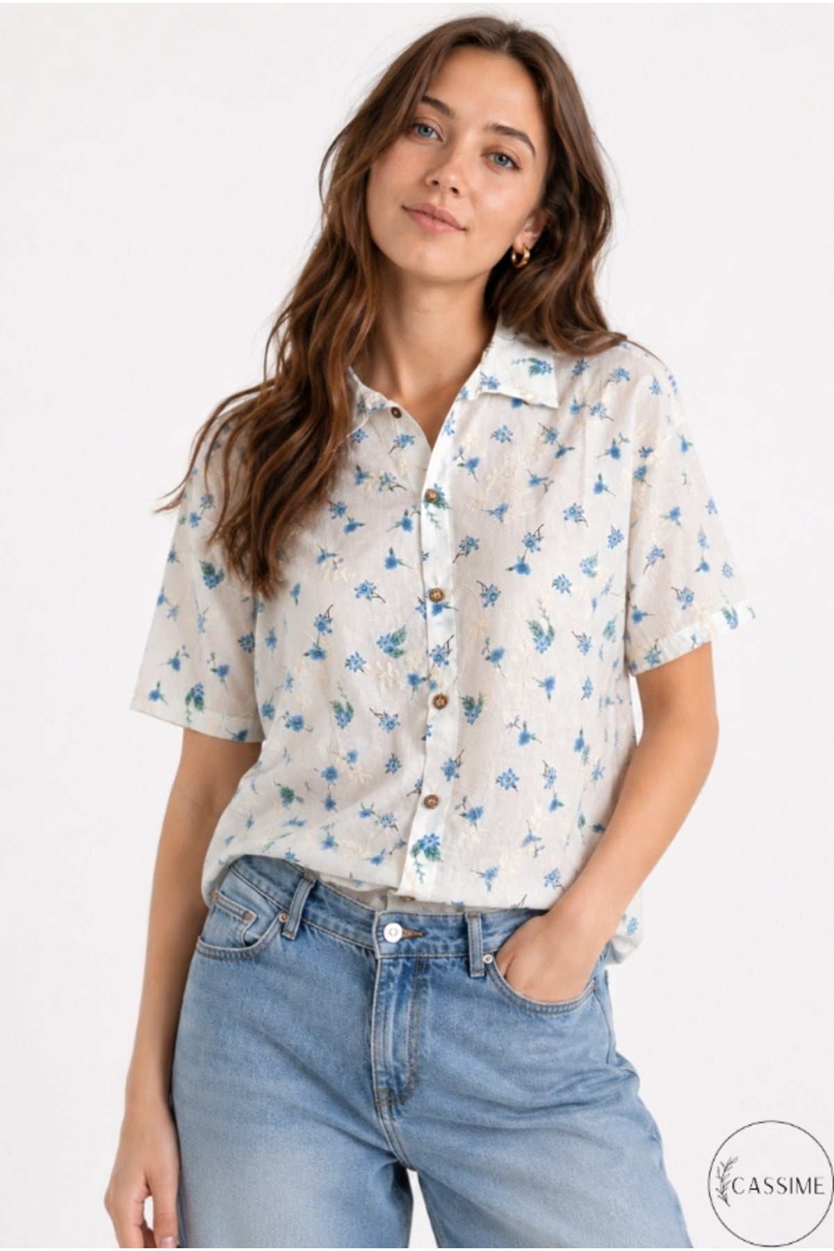 Alice Women's Cotton Floral Short Sleeve Shirt - Ecru with Blue Ditsy Flowers