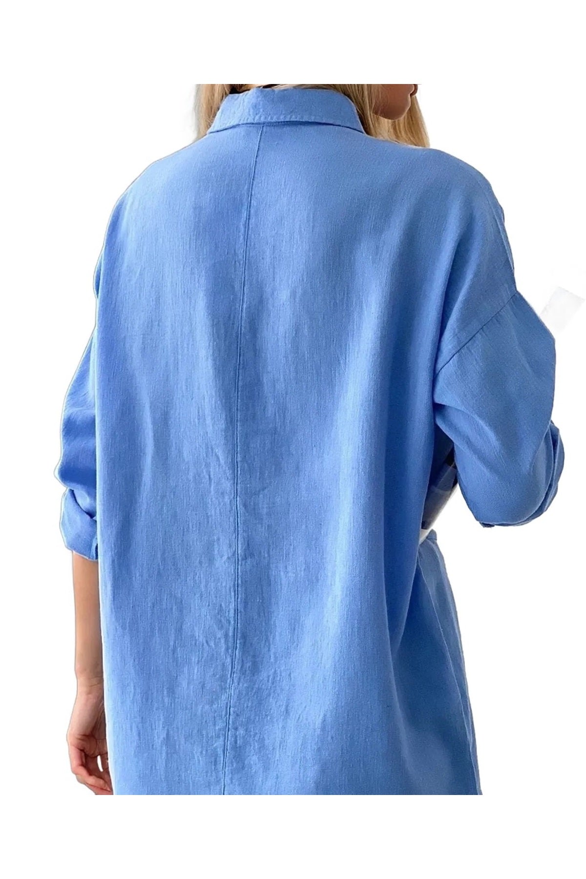 Jasmine Women's Cotton-Linen Blend Oversized Longline Button-Up Shirt - Blue