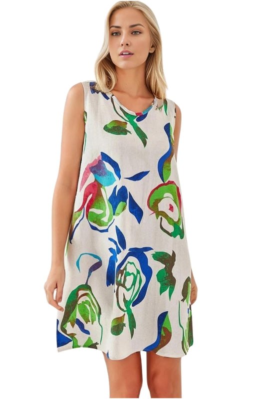Charlene Women's Linen Blend Floral Sleeveless Summer Dress - Ecru Multicolor Print