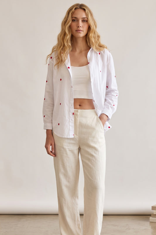 Ella Women's Cotton Embroidered Button-Up Shirt - White with Red Hearts