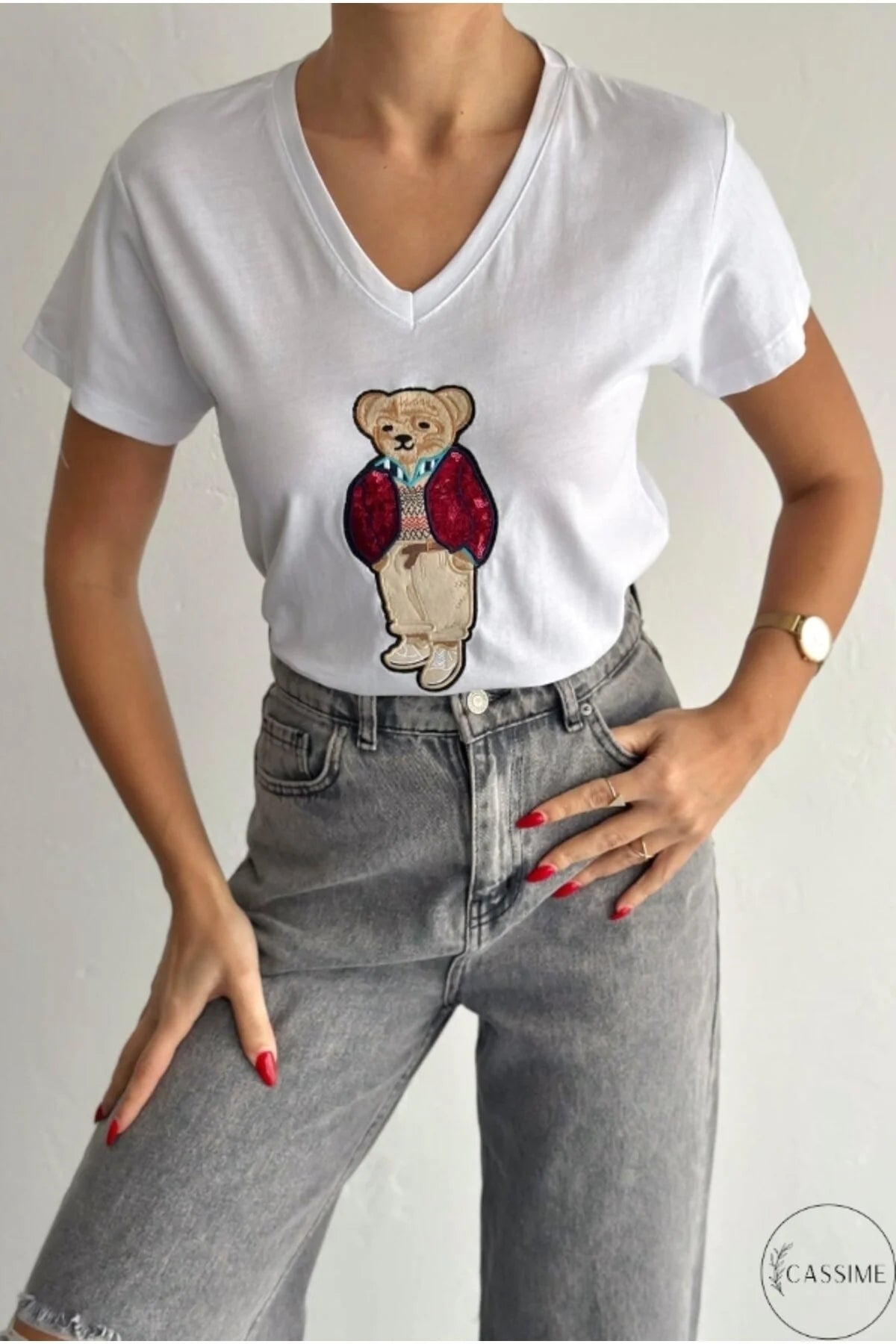 Camiseta de algodón Tilda blanca con bonito diseño de oso