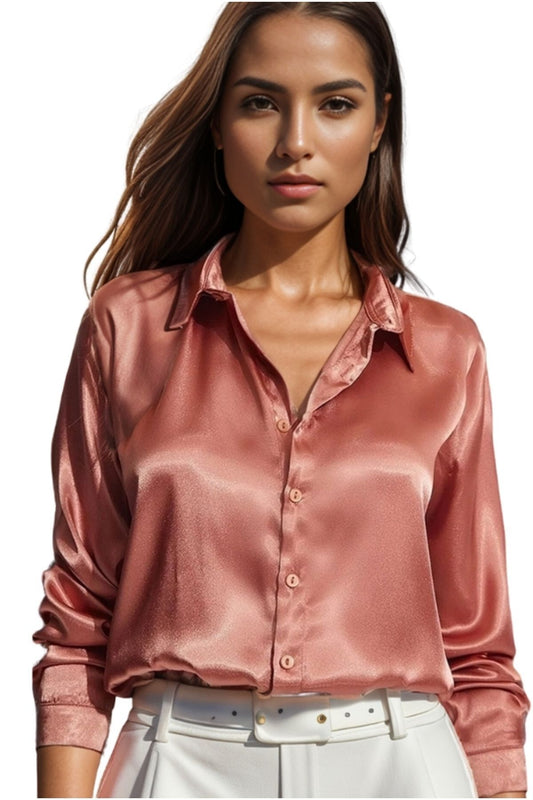 Rebecca Women's Classic Satin Button-Up Shirt - Salmon