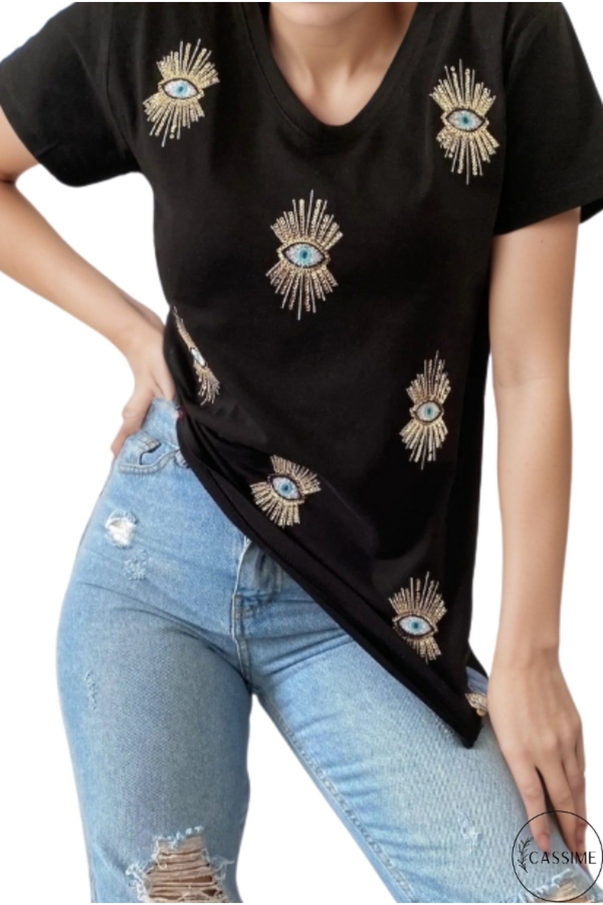 Olivia Women's Plus Size Embellished V-Neck T-Shirt - Black Evil Eye Sequin Embellishment