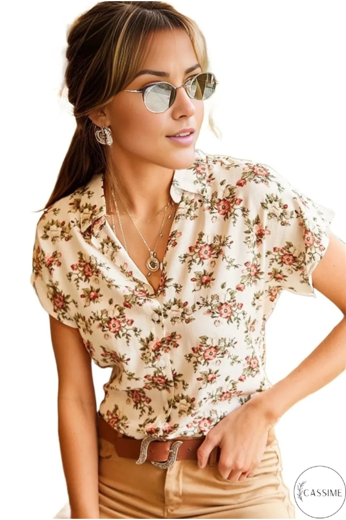 Charlotte Women's Short Sleeve Batwing Shirt - Orange Mini Floral