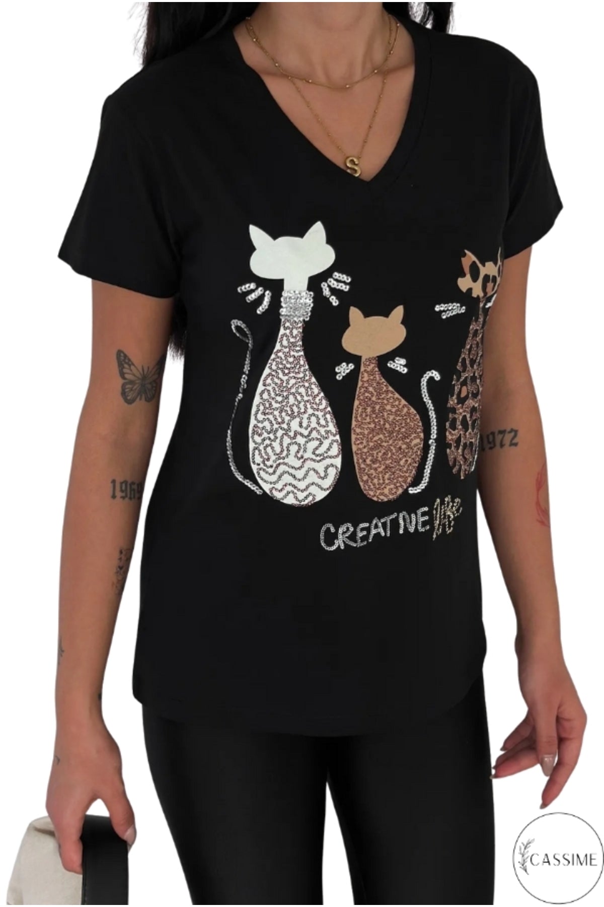 Sophie Women's Cotton Embellished V-Neck T-Shirt - Black Three Cats Print
