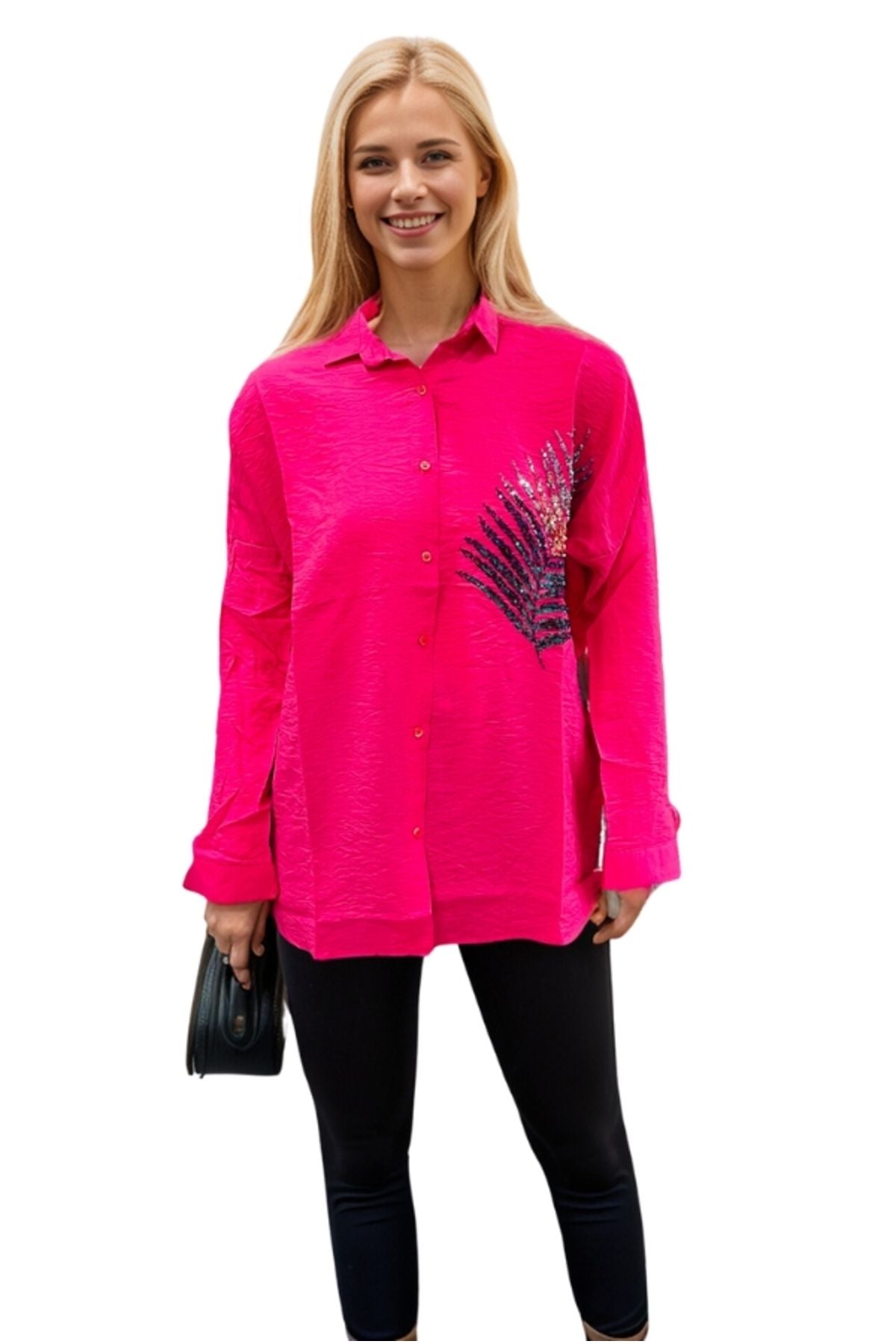 Delilah Women's Linen Oversized Embellished Long Sleeve Shirt - Fuchsia