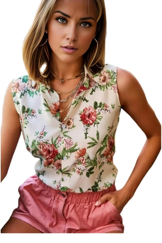 Carmen Women's Floral Sleeveless Button-Up Shirt - Cream Garden Floral