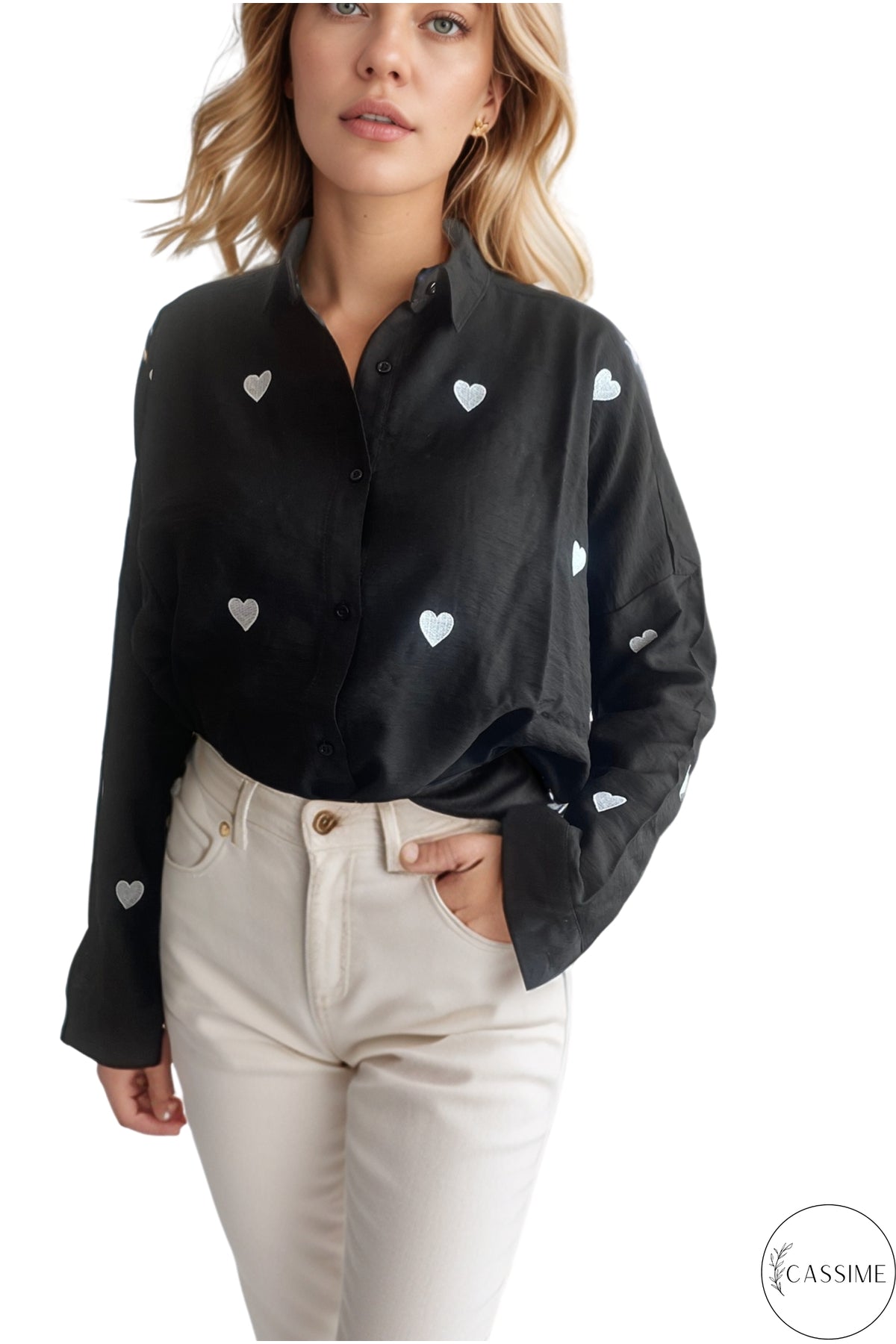Delilah Women's Cotton Oversized Embellished Long Sleeve Shirt - Black with Heart Embroidery