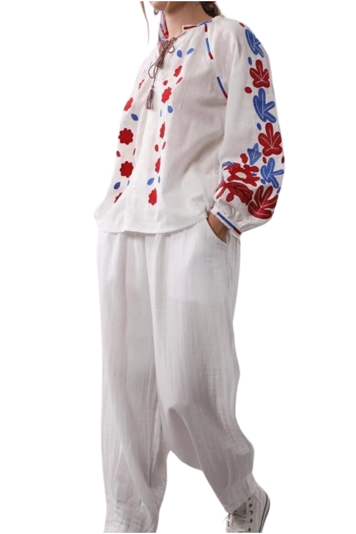 Sadie Women's Cotton Floral Embroidered Tie Blouse - Red and Blue Floral