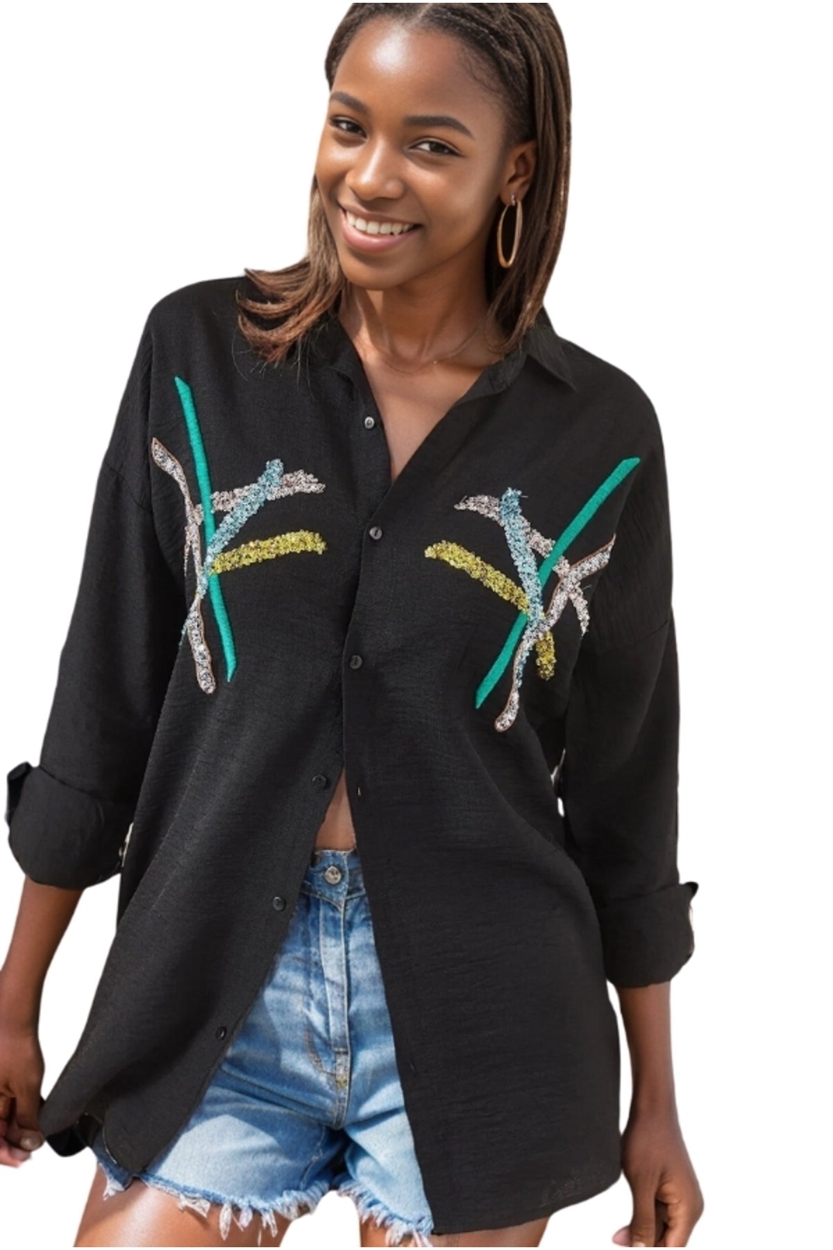 Natasha Women's Embroidered Oversized Shirt - Black Striped