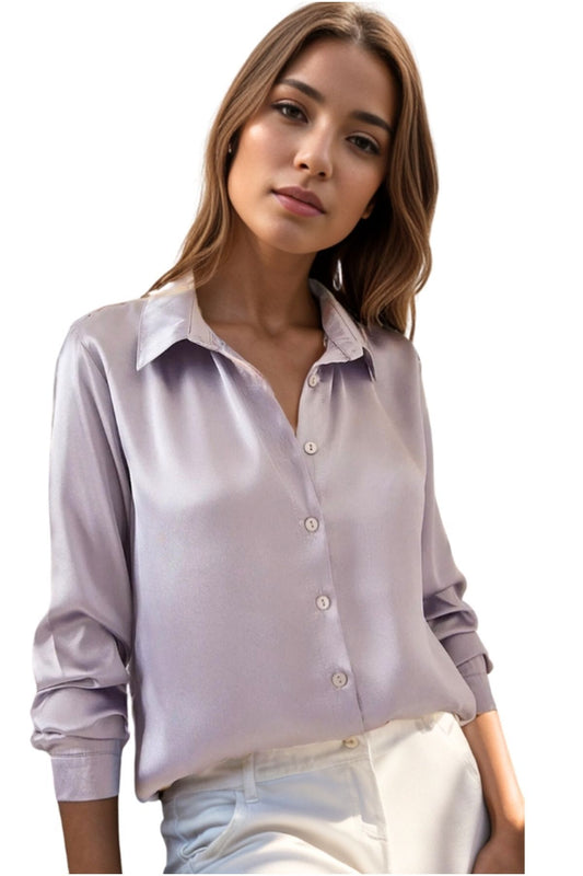 Rebecca Women's Classic Satin Button-Up Shirt - Gray