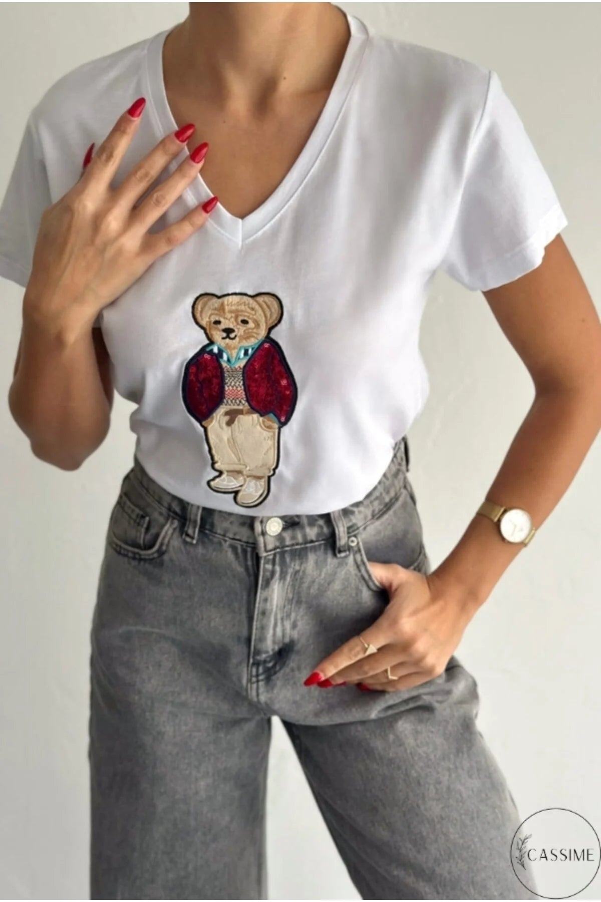 Camiseta de algodón Tilda blanca con bonito diseño de oso
