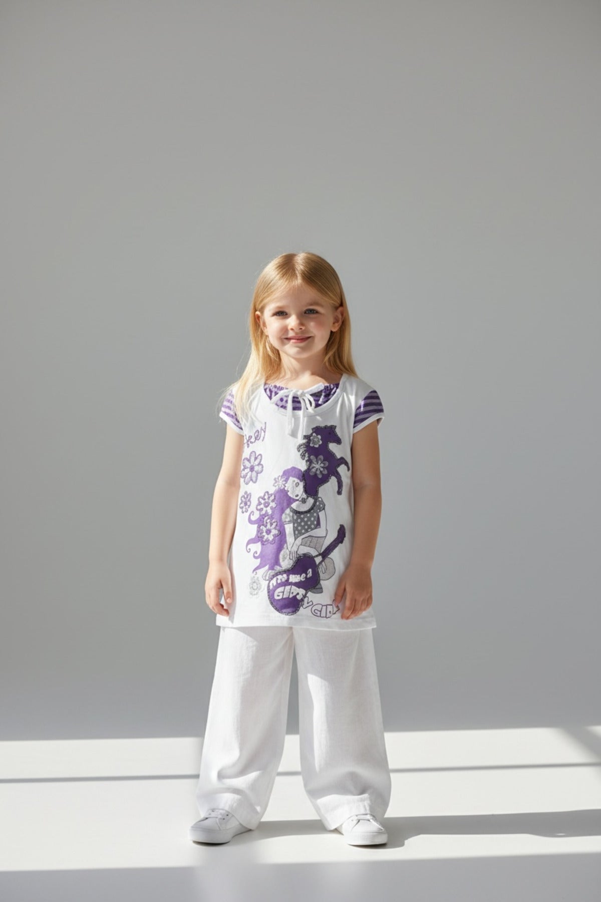 Adelia Girls' Striped Floral T-Shirt - Purple White - product image 1