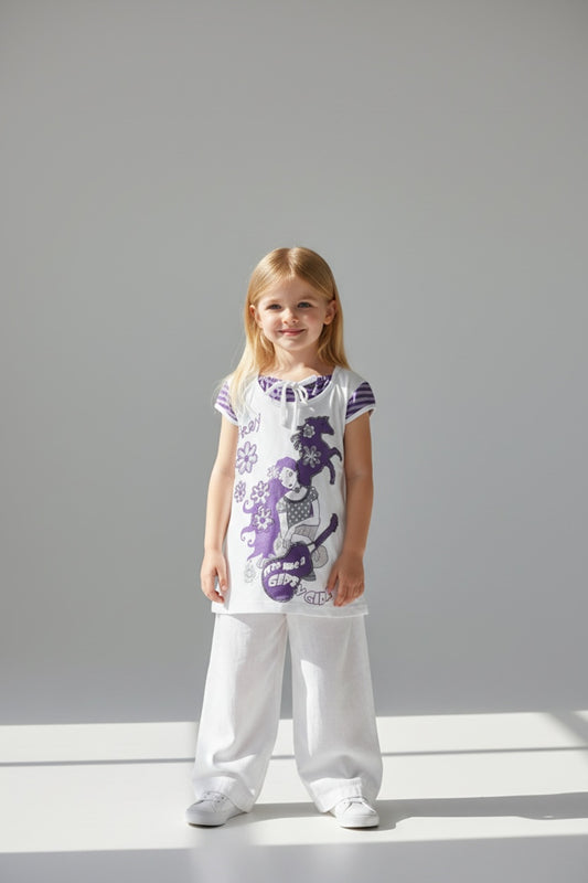 Adelia Girls' Striped Floral T-Shirt - Purple White - product image 1