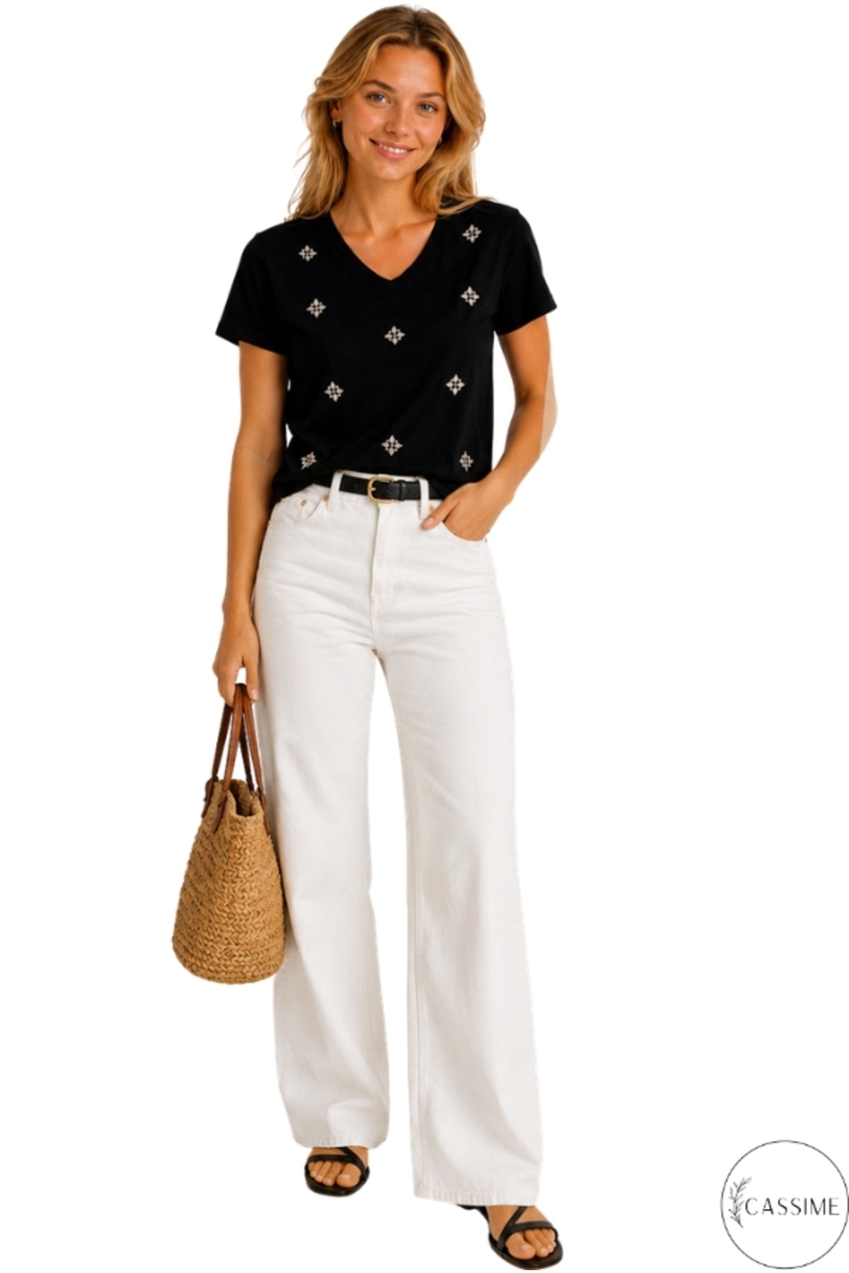 Emma Women's Cotton Embellished T-Shirt - Multicolor Floral Rhinestones