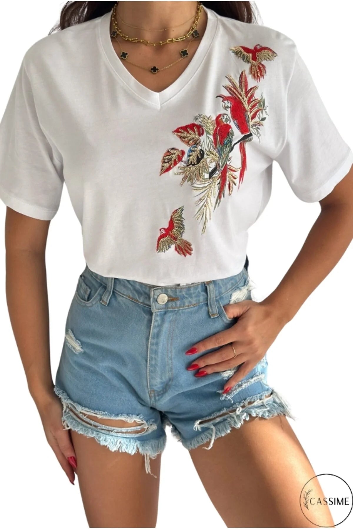 Camiseta de algodón Tilda con diseño floral de loros blancos