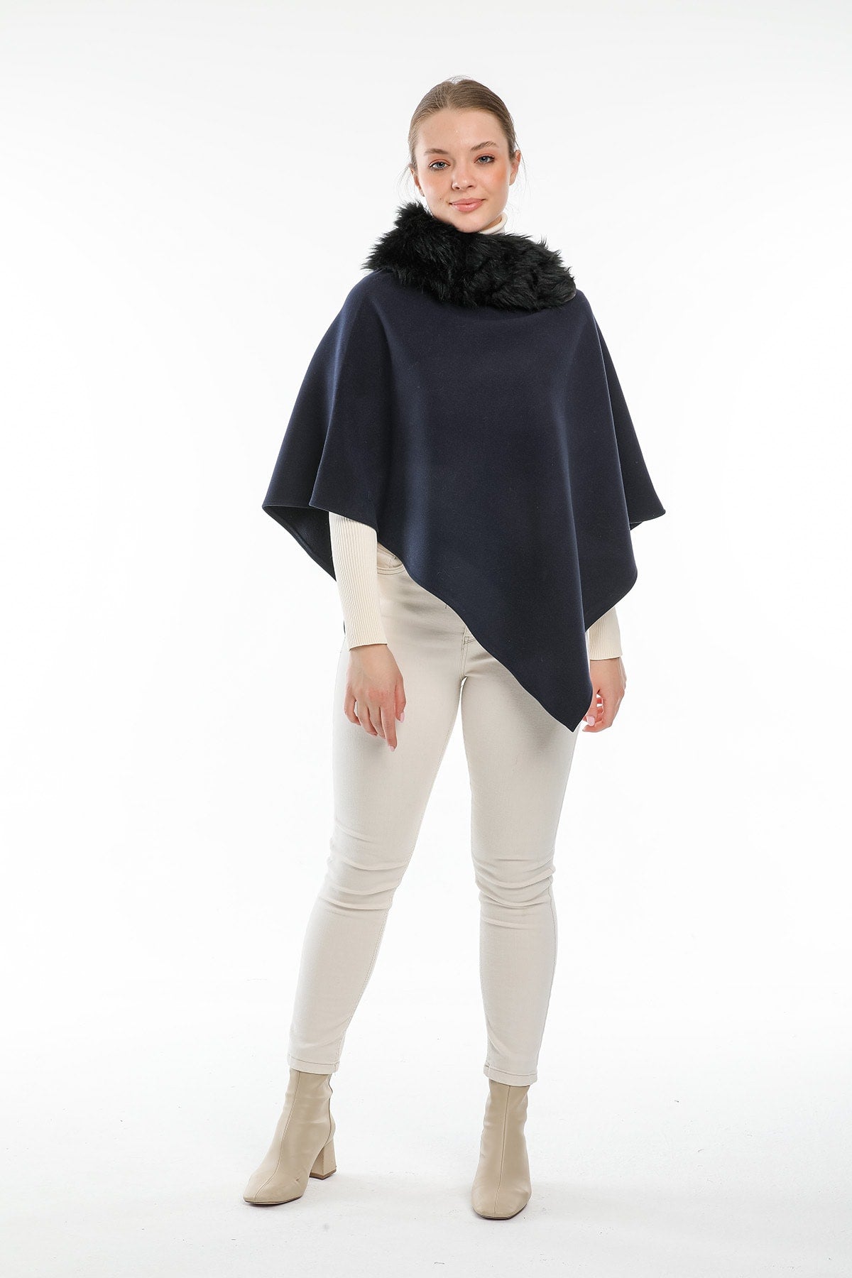Ana Women's Fur-Trim Poncho - Navy - product image 1