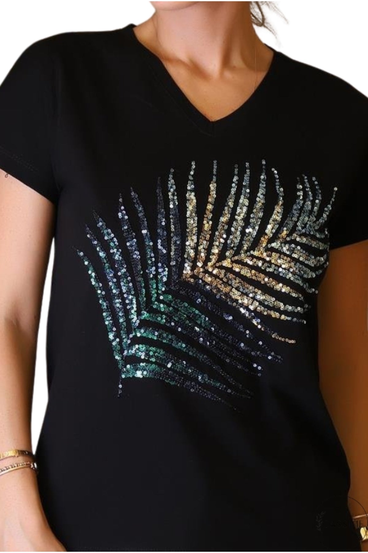 Sophie Women's Cotton Embellished V-Neck T-Shirt - Black Palm Tree Print
