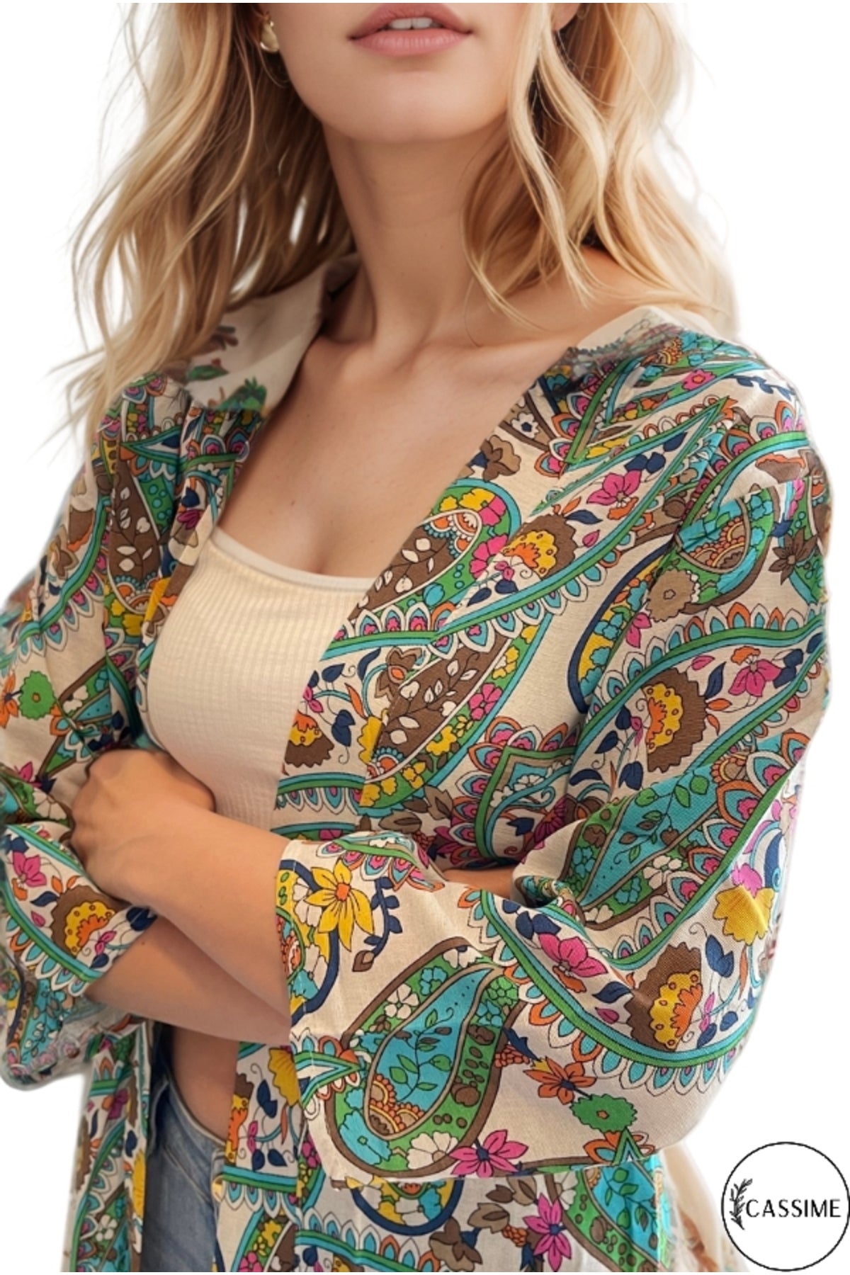 Catherine Women's Linen-Viscose Blend Relaxed Fit Kimono - Green and Pink Print