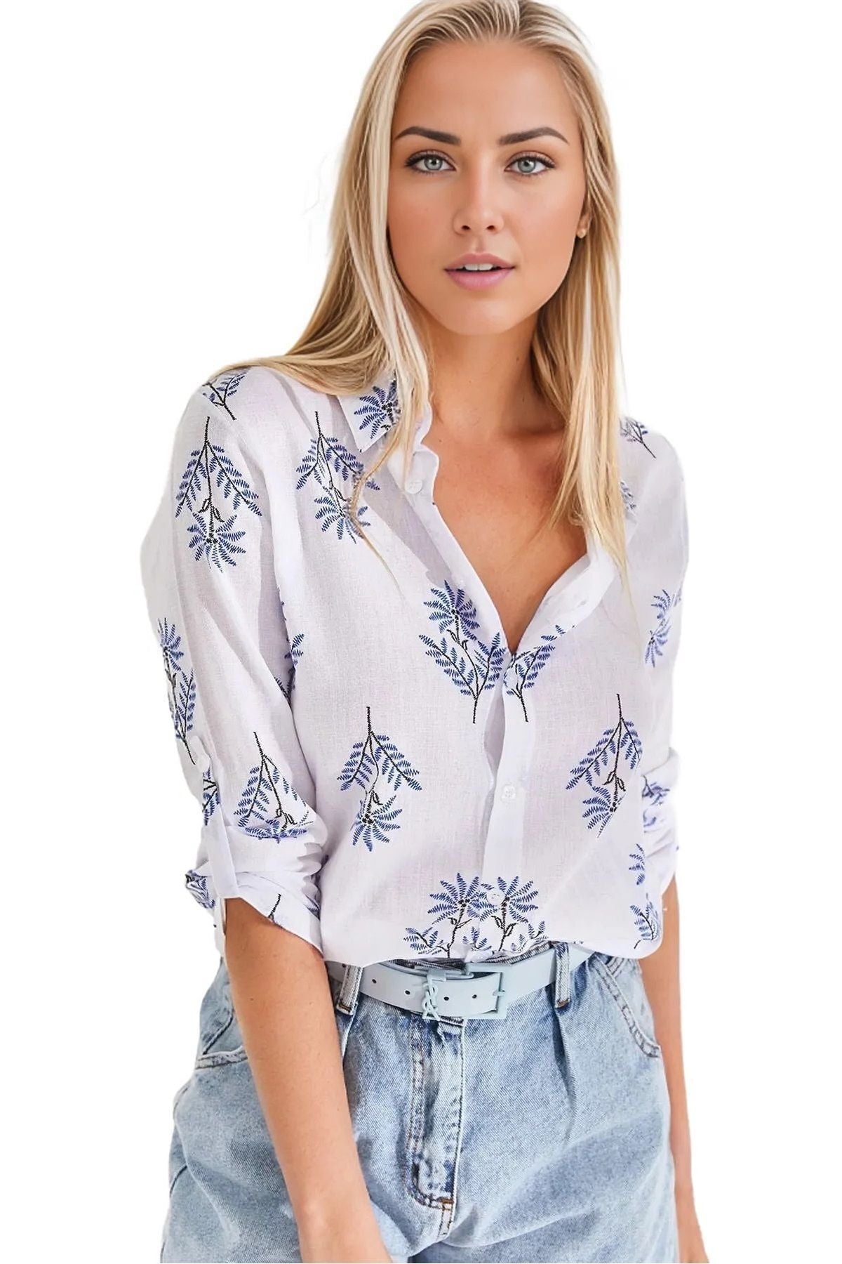 Robyn Women's Cotton Blend Roll-Sleeve Button-Up Shirt - Blue Pinwheel