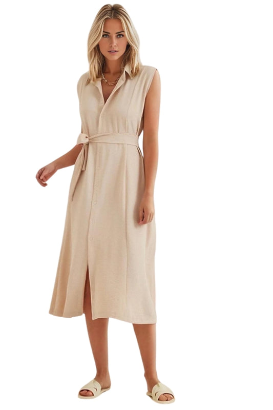 Kathleen Women's Linen-Viscose Blend Belted Summer Shirt Dress - Cream