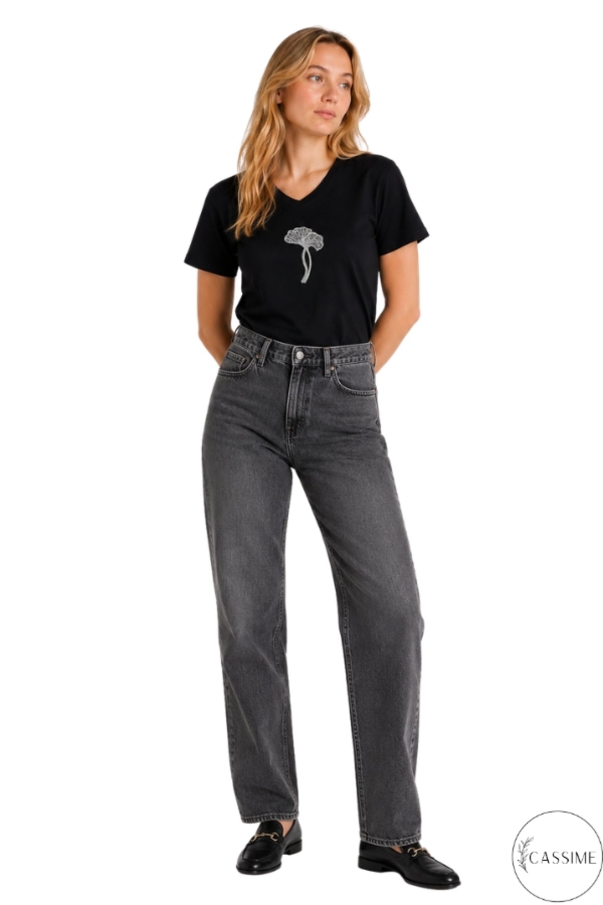 Emma Women's Embellished T-Shirt - Black with Floral Rhinestones