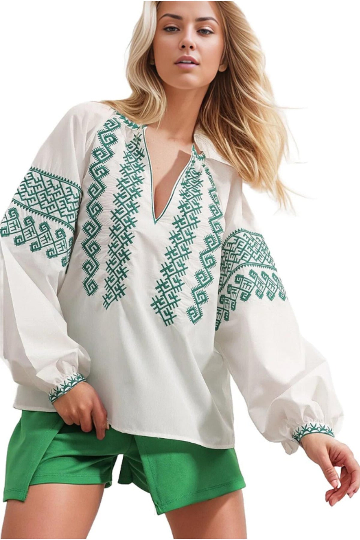 Zoe Women's Boho Embroidered Poplin Blouse - White with Green Embroidery